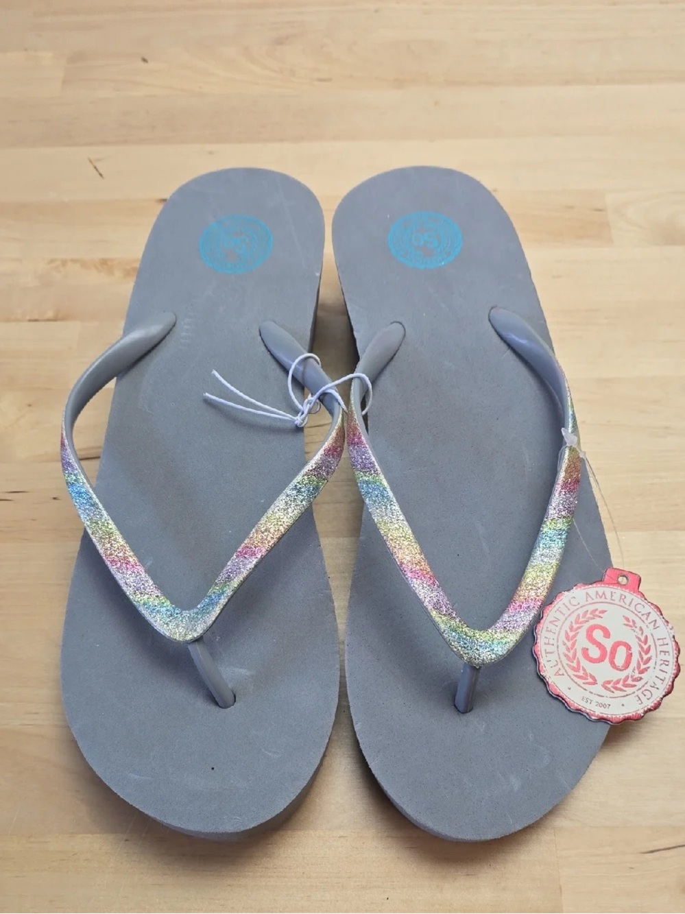 Gray Flip Flops with Rainbow Glitter Straps - Women's Casual Sandals